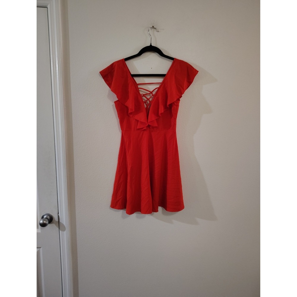 Forever 21 Red Ruffle V-Neck Lace Up Back Skater Mini Dress Small